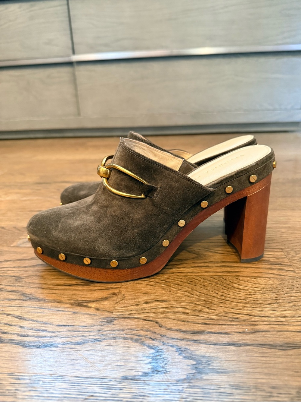 Veronica Beard Chunky Suede Mule with Gold Hardware - Brown - Picture 3 of 5
